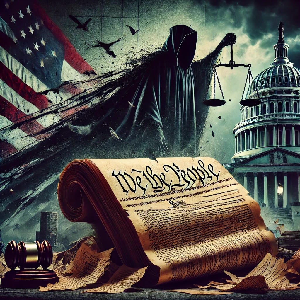 A dark, symbolic illustration representing the collapse of the rule of law in America. The image features a crumbling U.S. Constitution, with torn pages drifting away, while the scales of justice tip unevenly in the background. A shadowy figure looms over the scene, symbolizing unchecked power. The atmosphere is ominous, with storm clouds gathering over the Capitol building, emphasizing a sense of legal and political decay.