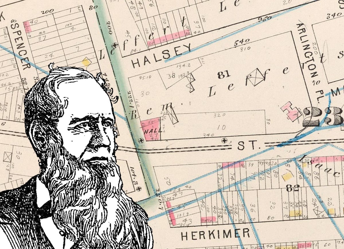 Lefferts Houses in Bed Stuy - collage with an 1880 map and sketch of William Payne