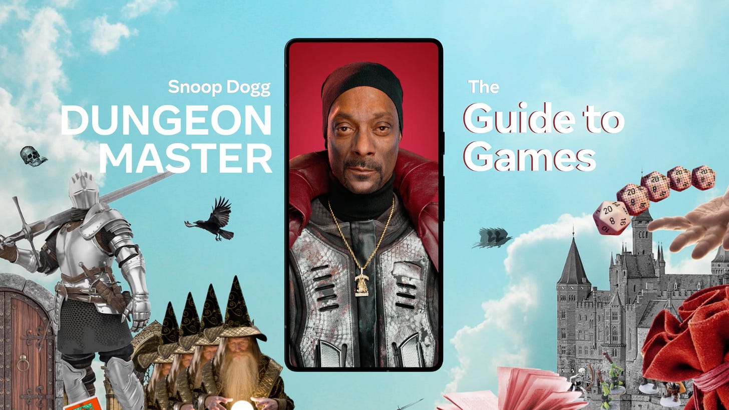 screenshot from Meta Connect presentation about AI chatbots, this one featuring Snoop Dogg as the Dungeon Master who's available to help with gaming conversations