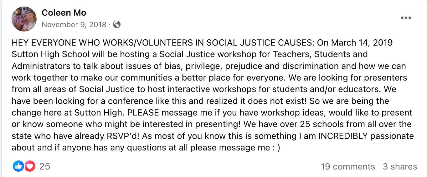Facebook Post by Coleen Motyl-Szary recruiting Social Justice Workers to speak