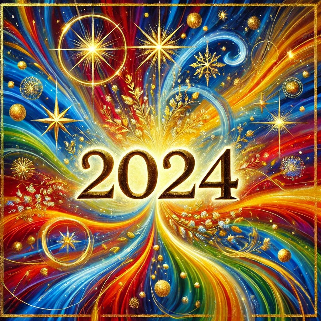 A vibrant and beautiful square oil painting featuring '2024' as the central focal point, illuminated in shimmering gold. The background explodes with vivid colors, including deep red, royal blue, emerald green, and bright yellow, swirling together in bold, dynamic strokes. Surrounding '2024' are radiant abstract motifs, like glowing stars, blooming flowers, and intertwining ribbons of light, symbolizing growth, celebration, and hope. The overall composition radiates positivity and energy, with a captivating and celebratory atmosphere that feels both powerful and uplifting.