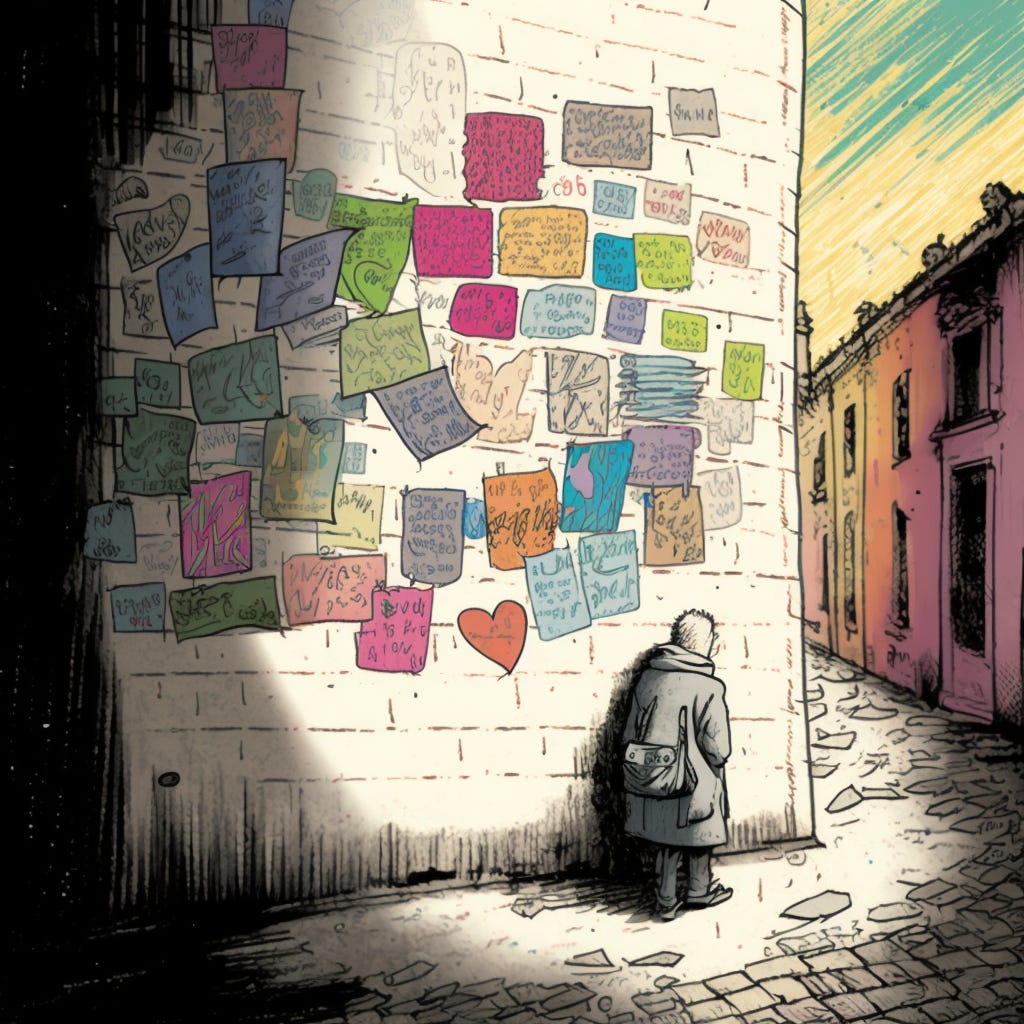 A lonely person stands beside a wall covered in hopeful — and desperate — love notes.
