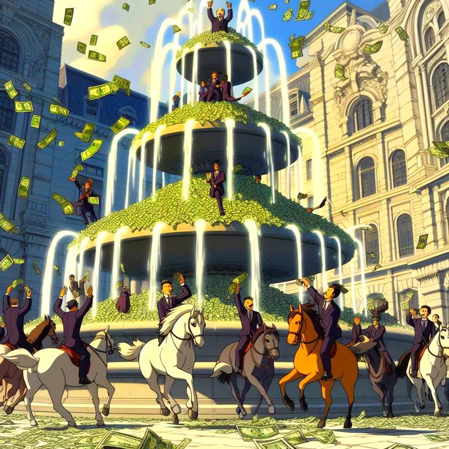 AI art: a money fountain surrounded by bankers riding horses.