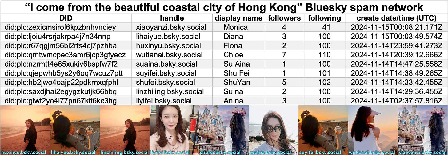 table of the 9 accounts in the network, with their current profile images underneath