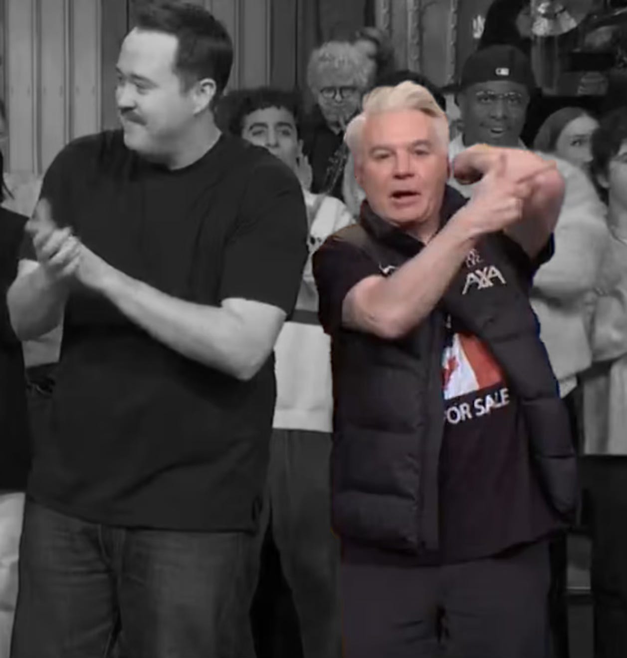 Mike Myers making "elbows up" gesture during closing credits of March 1st episode of SNL