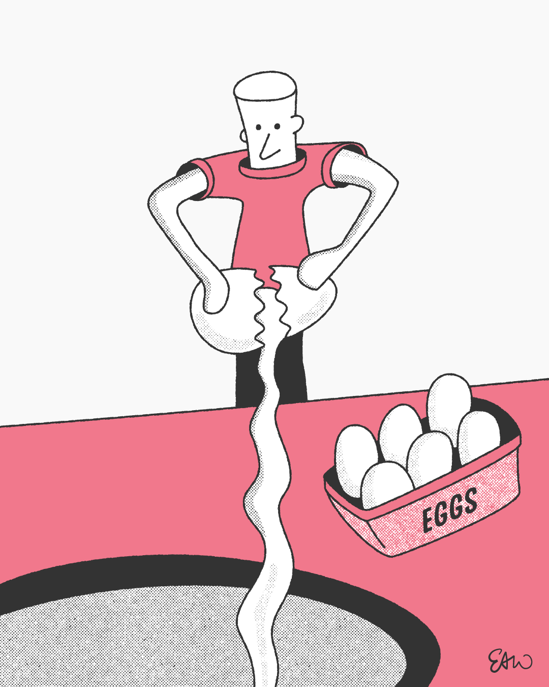 Illustration of a character cracking a comically enlarged egg into a mixing bowl full of other ingredients.