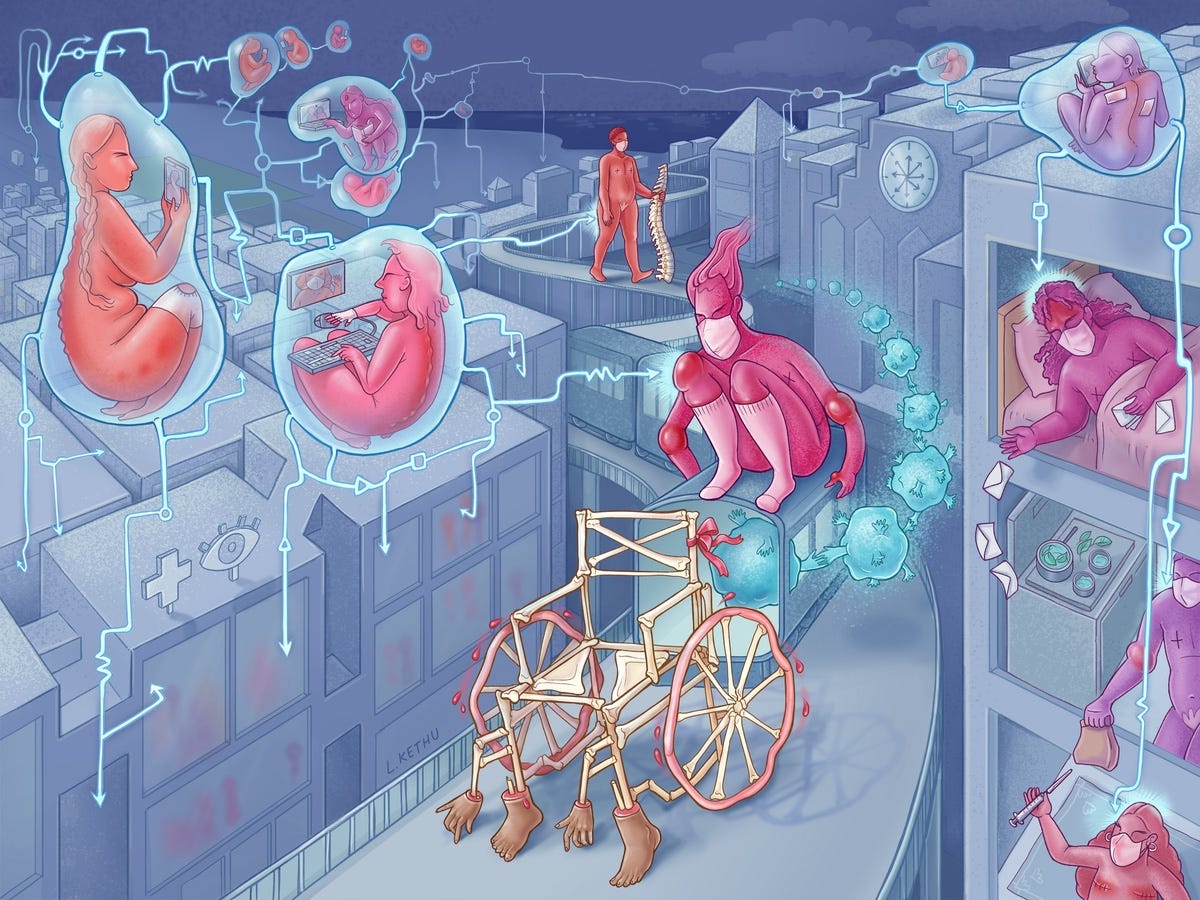 A digital illustration shows people in a blue-gray cityscape. Several people are in amniotic bubbles, on their photos or computers. Everyone is connected by lines with small symbols on them. One person is riding on top of a subway train that is producing viral-like spheres with spike proteins that are hands. In front of the train is a manual wheelchair made of bone with hands and feet where the foot rests would typically be. Each person represents one of the interview subjects in an oral history project.