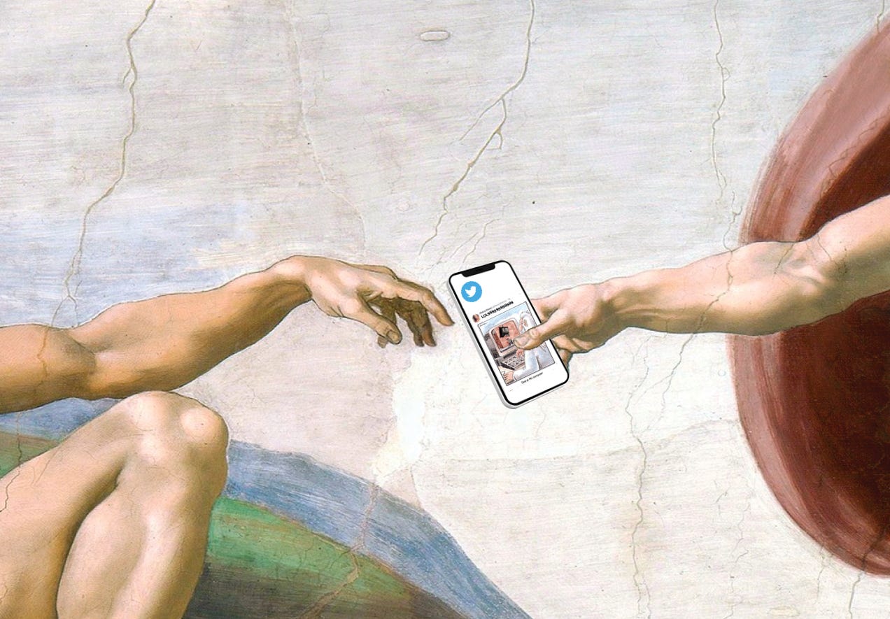 God handing Adam a mobile phone collage by Kirsten Bell