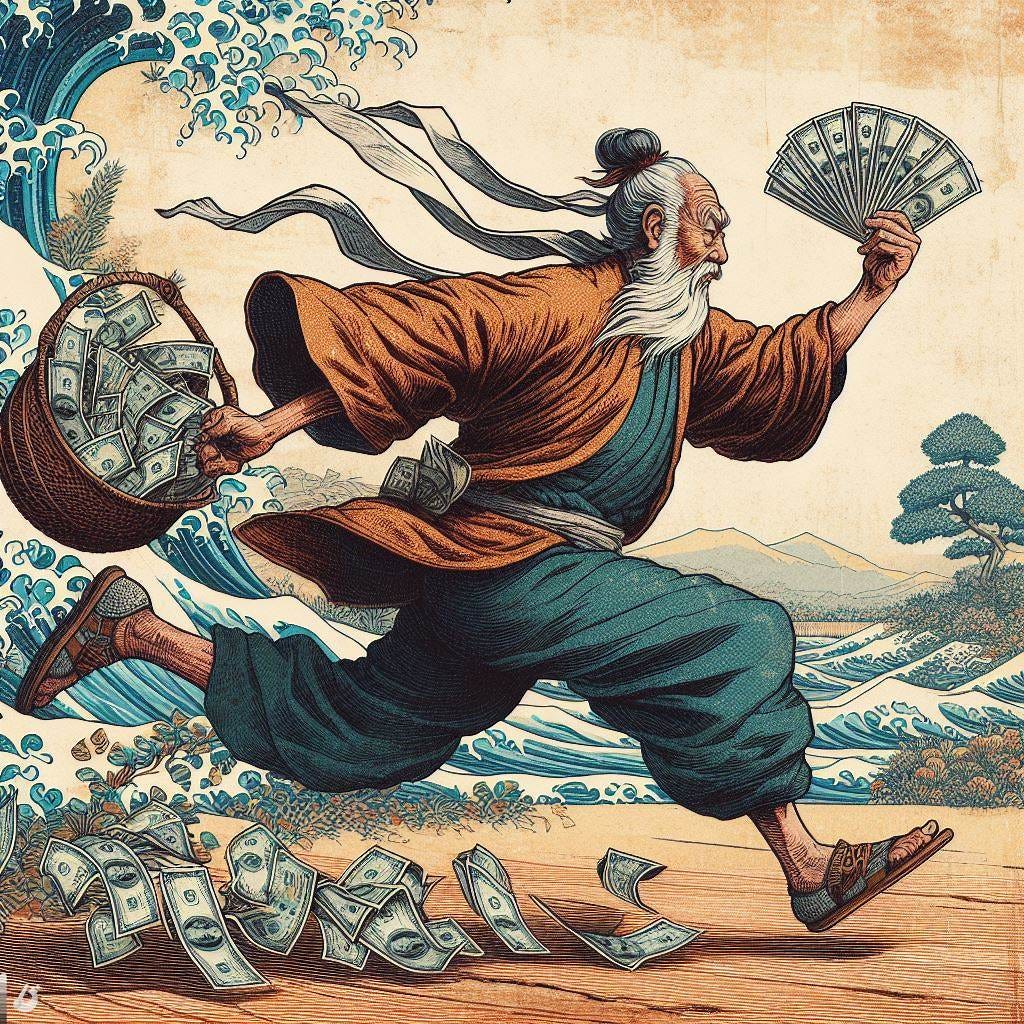 old man running holding with a lot of cash. hokusai digital art impression.