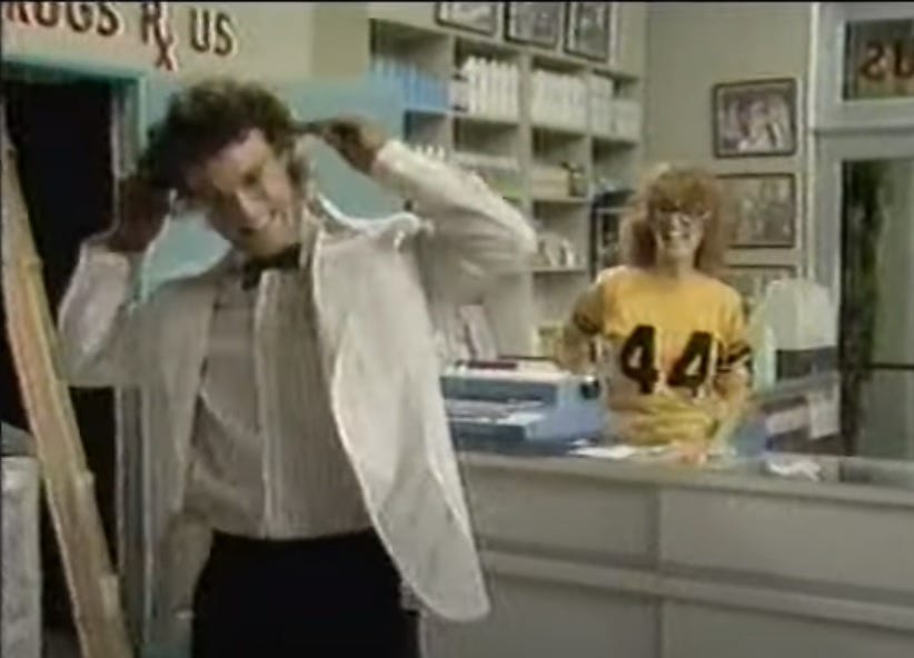 screenshot of ABC Fridays 'Drugs R Us' sketch with pharmacist (Mark Blankfield) freaking out 
