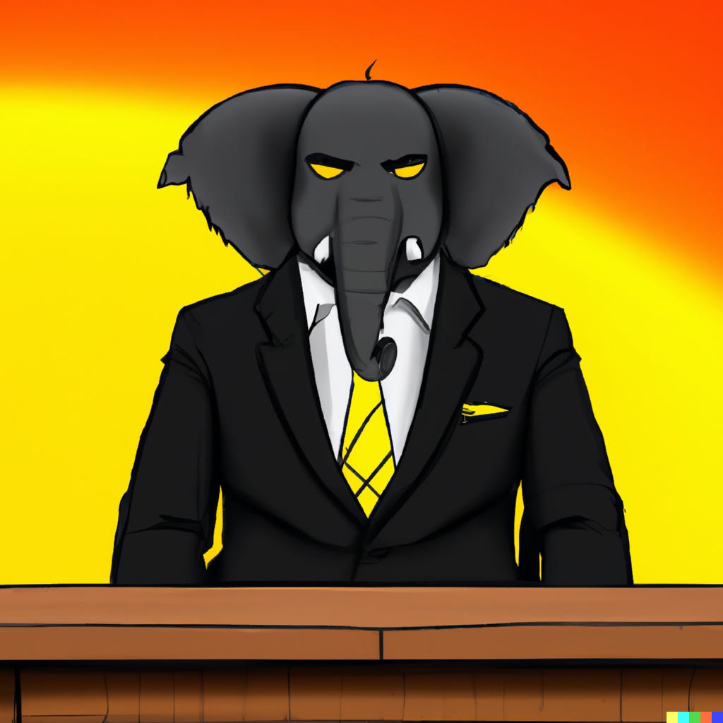Manga image of an elephant in a business suit sitting behind a desk