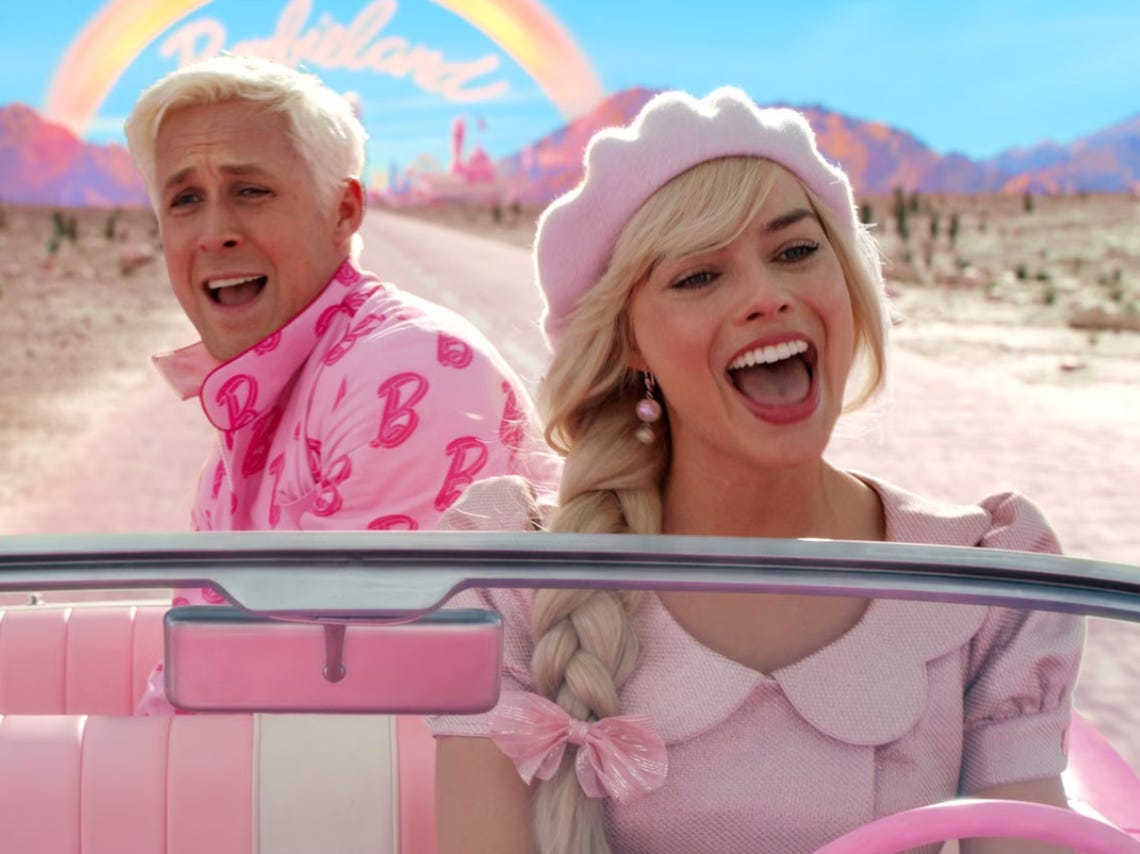 Ryan Gosling as Ken & Margot Robbie as Ken and Barbie from 'Barbie' film, riding in pink car, singing