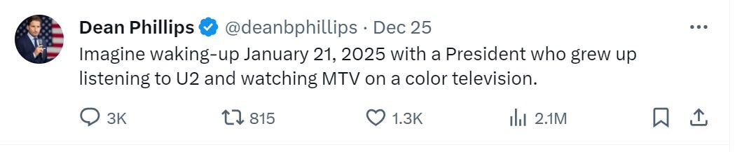 Phillips tweet: Imagine wakingup January 21, 2025 with a President who grew up listening to U2 and watching MTV on a color televsion." 