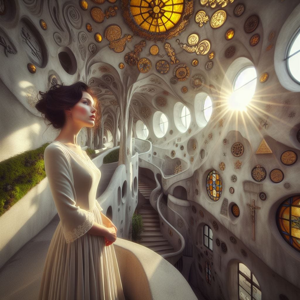 Hyper realistic; tilt shift; Lensbaby Effect: middle aged dark haired woman ivory velvet dress. coral Quatrefoil: cream Gothic Tracery: Louver  yellow and chartreuse decorative ceiling tiles.Hundertwasserhaus, Vienna, Austria: . Scrollwork. anceint symbology in gold leaf. smooth grey stone with green moss. Crystal sky. sunny sky, fluffy clouds. Vast distance. sunshower. radiant