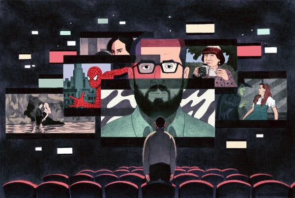 A.O. Scott is pictured standing in a row of seats at a movie theater, facing the screen, while an image of him appears on the screen, surrounded by frames of the movies he mentions in his essay. 