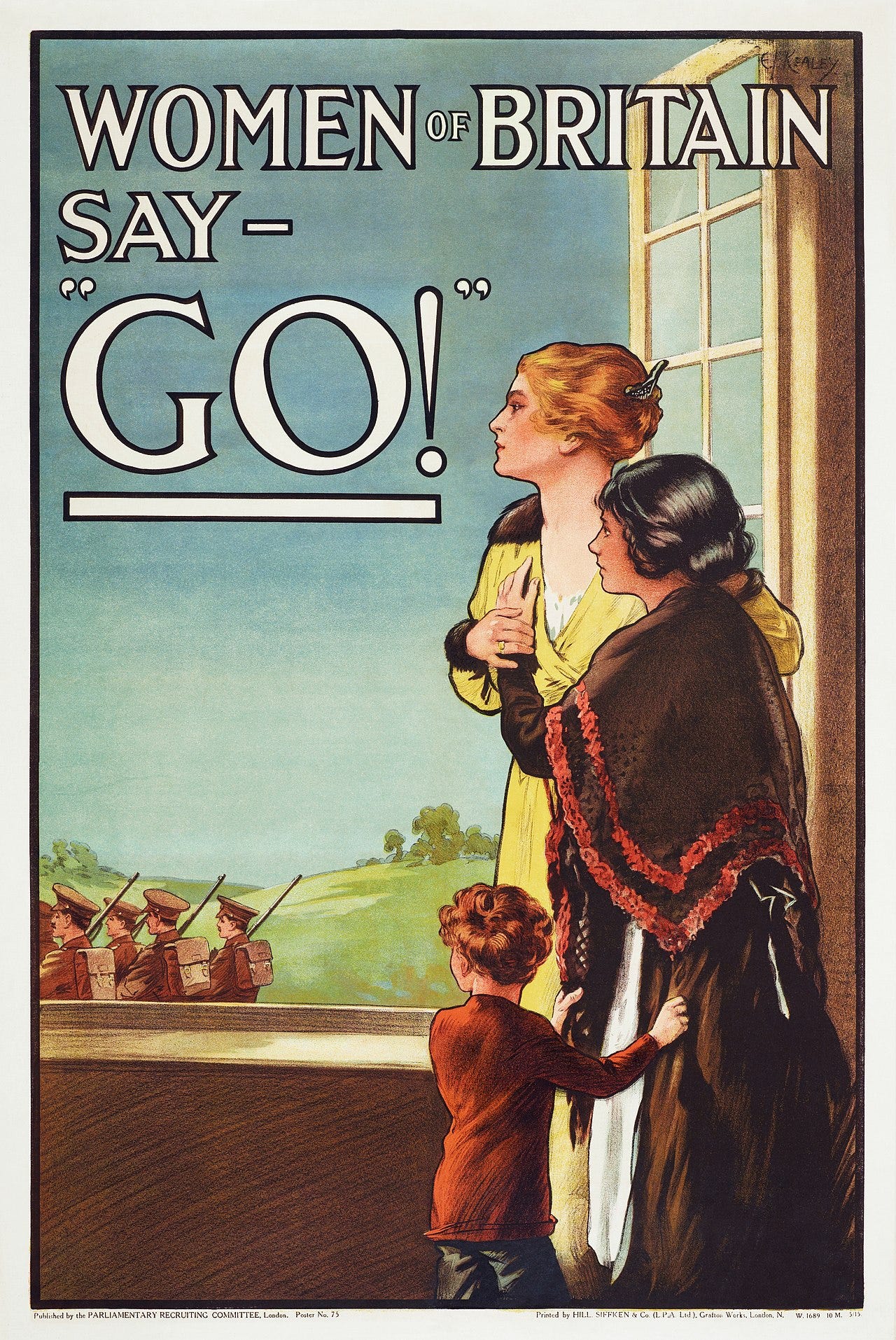 Poster of two women and a young boy looking out of an open window at soldiers in a countryside setting. The text "Women of Britain Say 'Go!'" is in white across the top of poster.