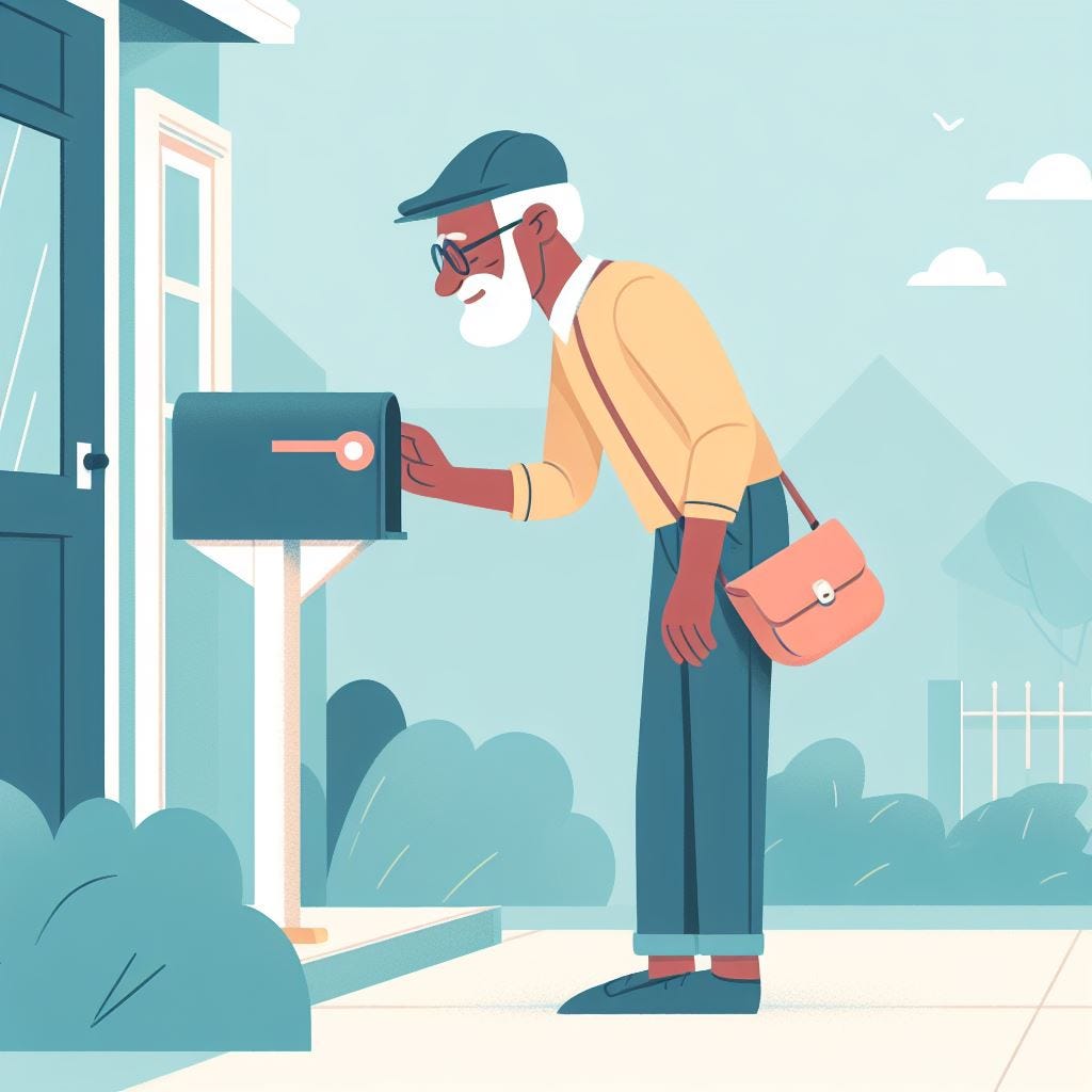 flat illustration of an elderly man checking the mailbox outside his house