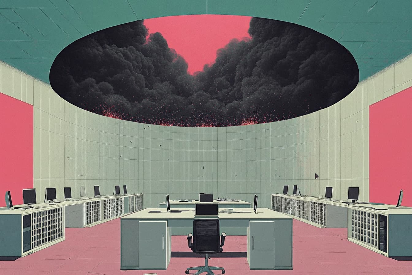illustration of an office with a large open area in the ceiling revealing ominous black clouds