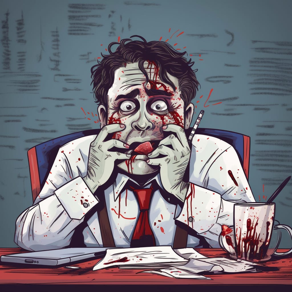 a stressed writer chewing their nails, their eyes bulging and the blood vessels in their neck visible. Humorous.