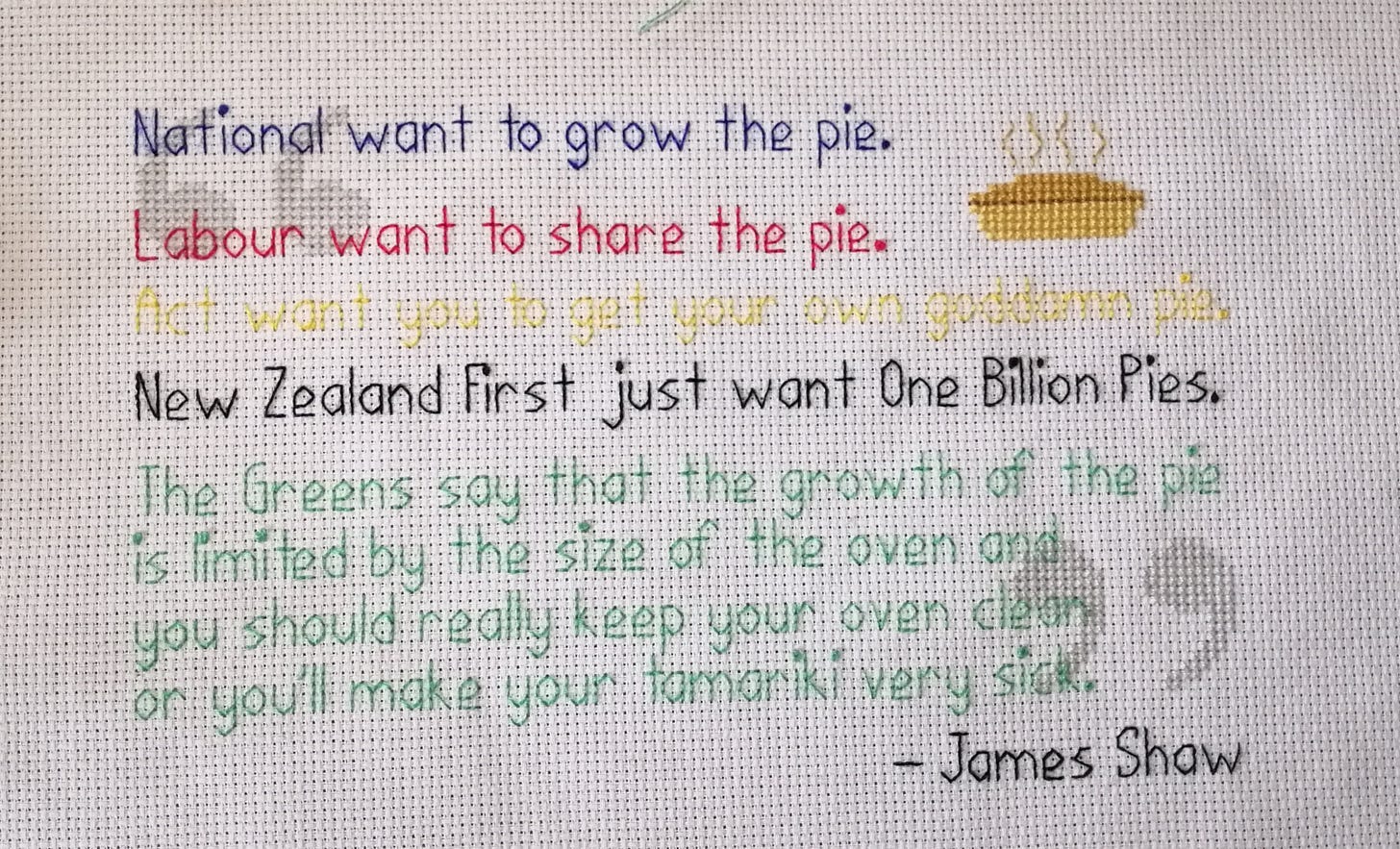 Backstich quote about pies and all the political parties in NZ, by James Shaw
