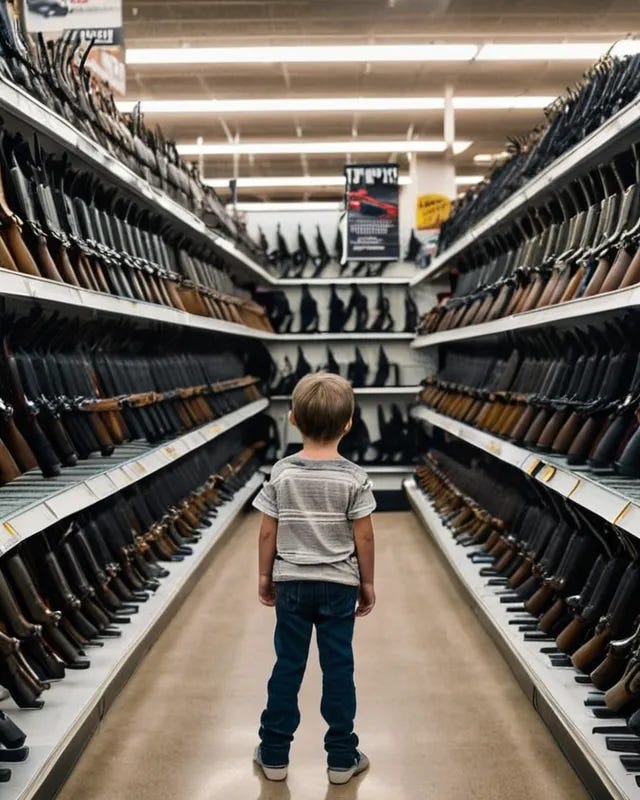 Child standing in a store and the shelves hold nothing but guns.
