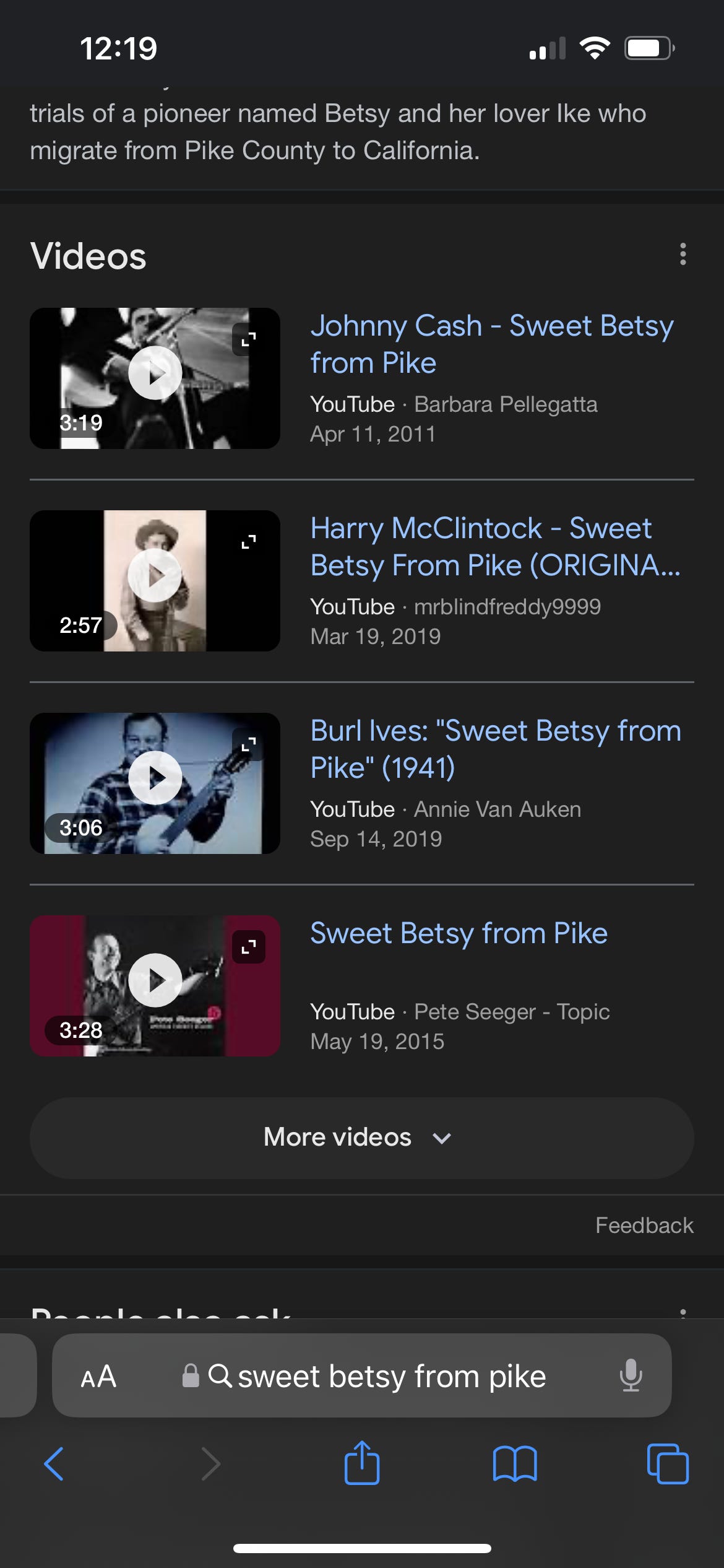 screen shot showing several artists who have recorded this song.