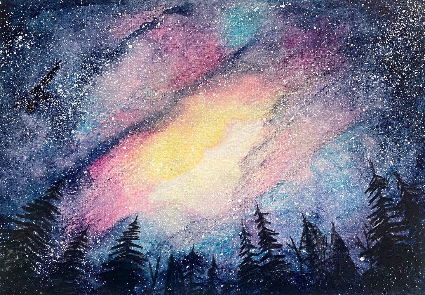 A vibrant watercolour painting of the night sky by Adam Westbrook