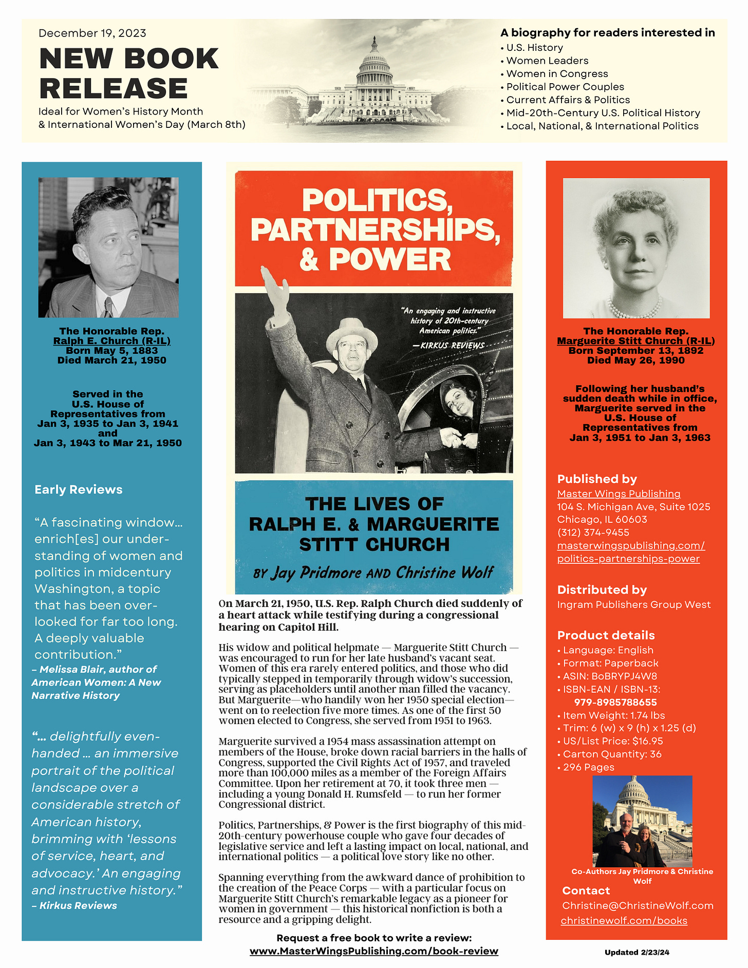 Press Release announcing the release of Politics, Partnerships, & Power: The Lives of Ralph E. and Marguerite Stitt Church by Jay Pridmore and Christine Wolf