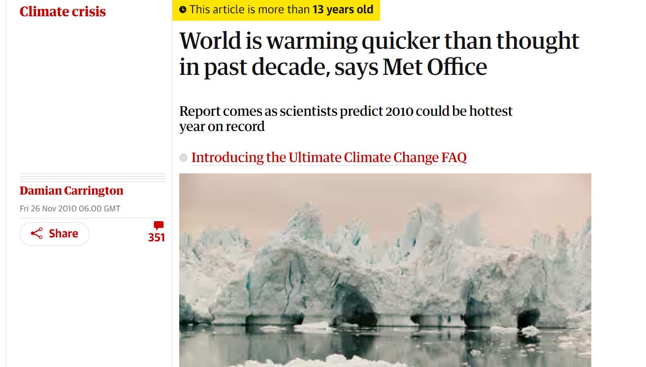 Headline reads: "World is warming faster than thought in the past decade, says Met Office", November 2010.