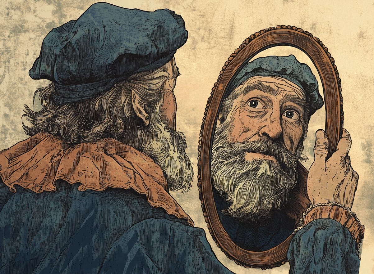 A painting of a man in renaissance garb looking into a hand mirror