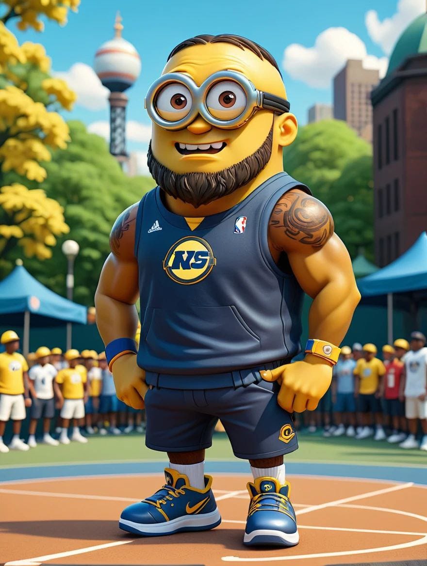 A Minion cosplaying LeBron James | isometric 3D view | round body pose | Rucker Park background