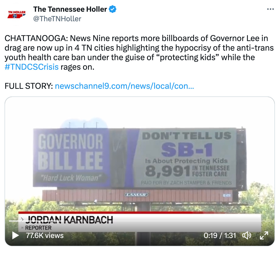 Screengrab of a billboard calling out Governor Bill Lee on his hypocrisy