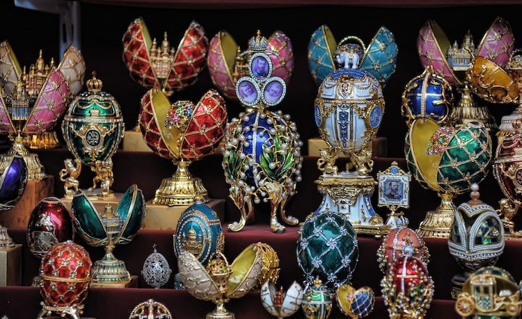 very brightly coloured eggs from Faberge