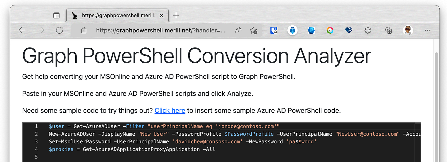 https://graphpowershell.merill.net Screenshot of Graph PowerShell Analyzer