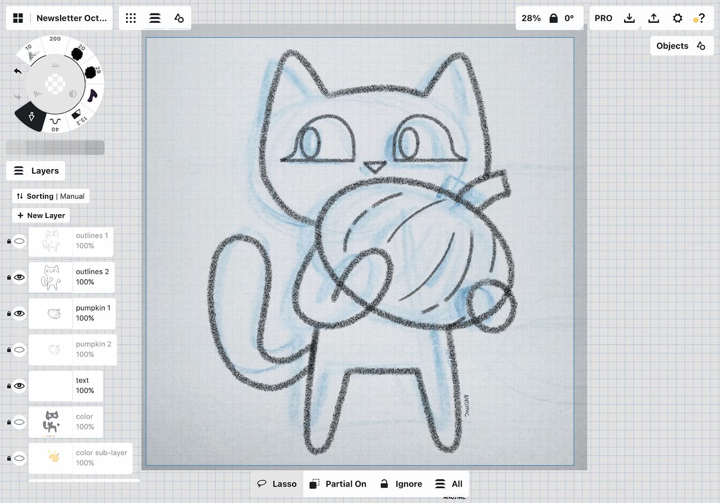 An image of an outlined cat illustration in the Concepts app.