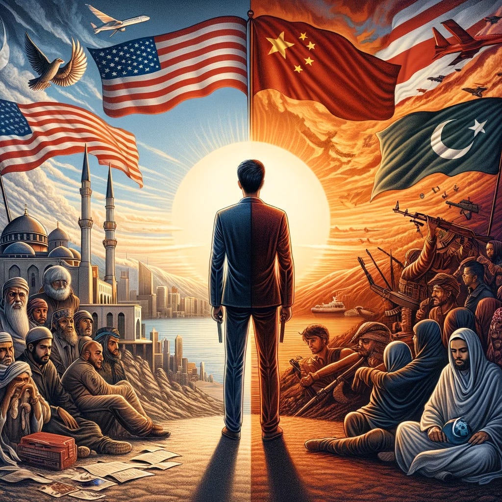 Create an illustration that symbolically represents a person's internal conflict between their love and disillusionment with their homeland, set against a backdrop of global geopolitics. The image should feature a central figure who is clearly a Muslim man, split in two parts - one side showing affinity and peace with Western and Islamic culture, depicted with American symbols like the flag, a serene landscape, mosques, and Muslims, and the other side showing distress and disillusionment, represented by scenes of conflict and destruction. In the background, flags of China, Russia, Turkey, Pakistan, Afghanistan, Saudi Arabia, Qatar, and the USA are intertwined, symbolizing the geopolitical balance. The figure is looking towards the East, indicating a shift in focus, with a rising sun symbolizing hope and a new perspective. The overall mood of the image should convey a deep, thoughtful reflection on personal and global issues.