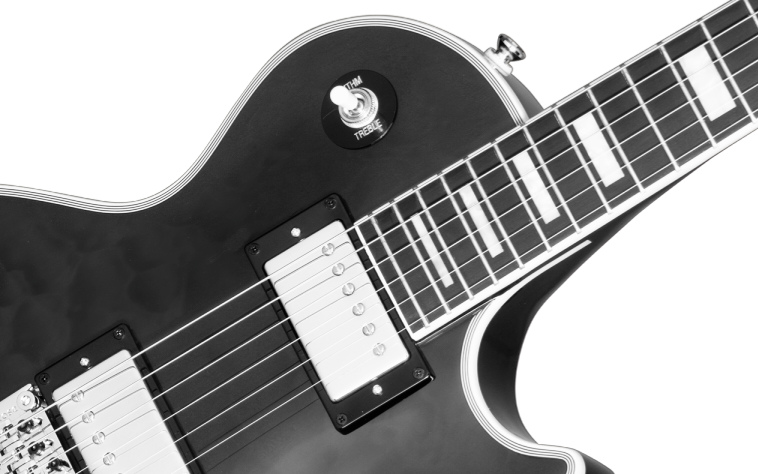 Grayscale detail of an Epiphone Les Paul custom electric guitar.