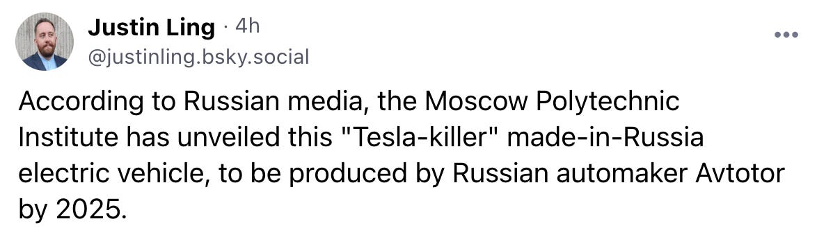 According to Russian media, the Moscow Polytechnic Institute has unveiled this "Tesla-killer" made-in-Russia electric vehicle, to be produced by Russian automaker Avtotor by 2025.