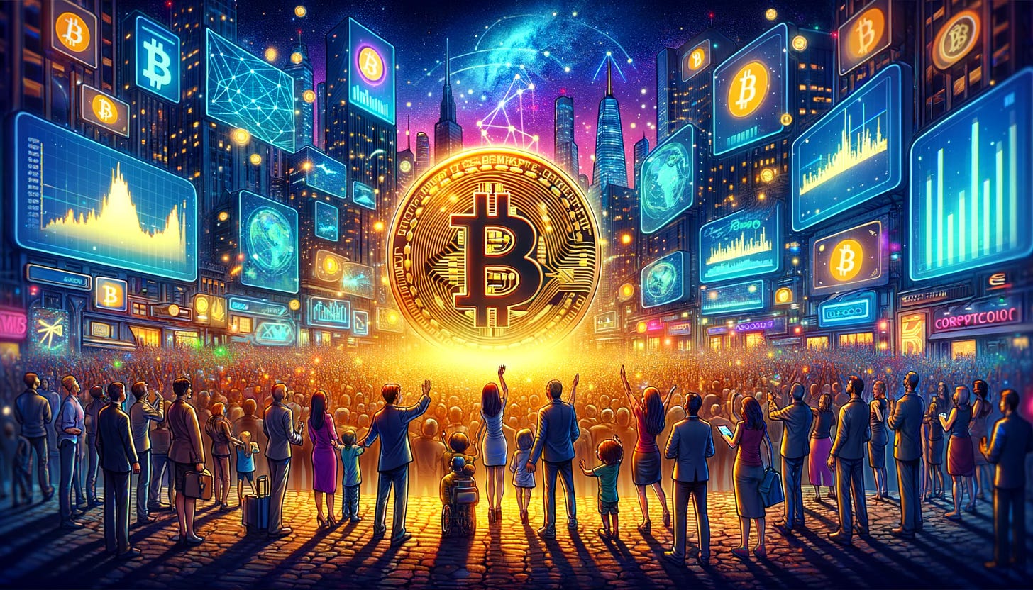 A vibrant and dynamic illustration showing the moment Bitcoin reaches mainstream awareness. The scene is bustling with activity, symbolizing a pivotal shift in public perception and adoption. In the foreground, a diverse group of people from all walks of life is gathered around a giant, glowing Bitcoin symbol that illuminates their faces with a warm, golden light, representing the widespread acceptance and enthusiasm for cryptocurrency. Behind them, a cityscape at dusk transitions from traditional financial buildings to futuristic, digital structures adorned with screens and lights showcasing Bitcoin logos and cryptocurrency graphs trending upwards. The sky above is a deep twilight blue, dotted with stars and digital network connections that weave through the air, symbolizing the global connectivity and digital nature of Bitcoin. This moment captures the excitement and optimism of Bitcoin's integration into everyday life and the broader financial system, marking its acceptance as a legitimate and influential currency. 