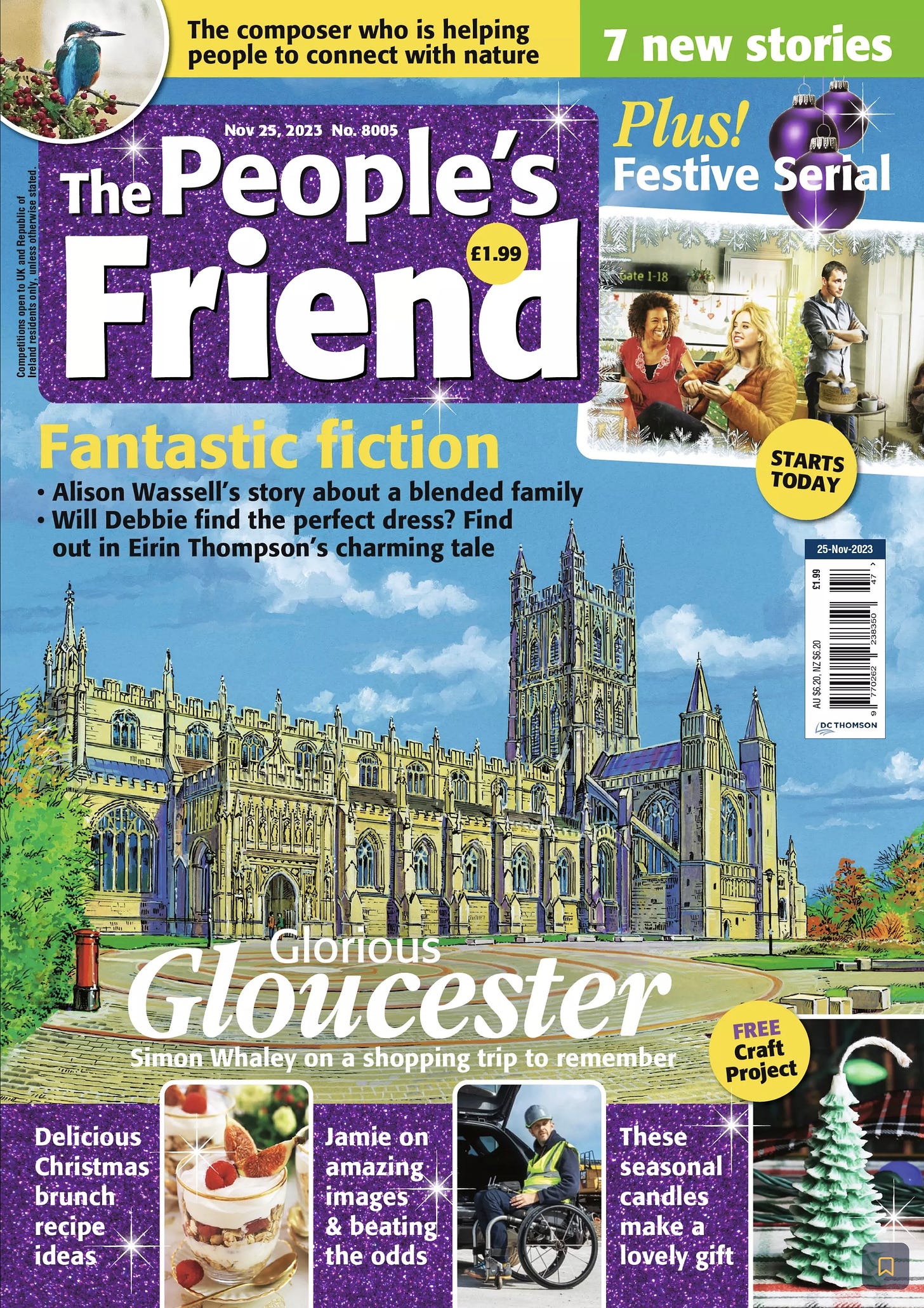 The front cover of the People's Friend magazine with an image of Gloucester Cathedral dominating the cover.