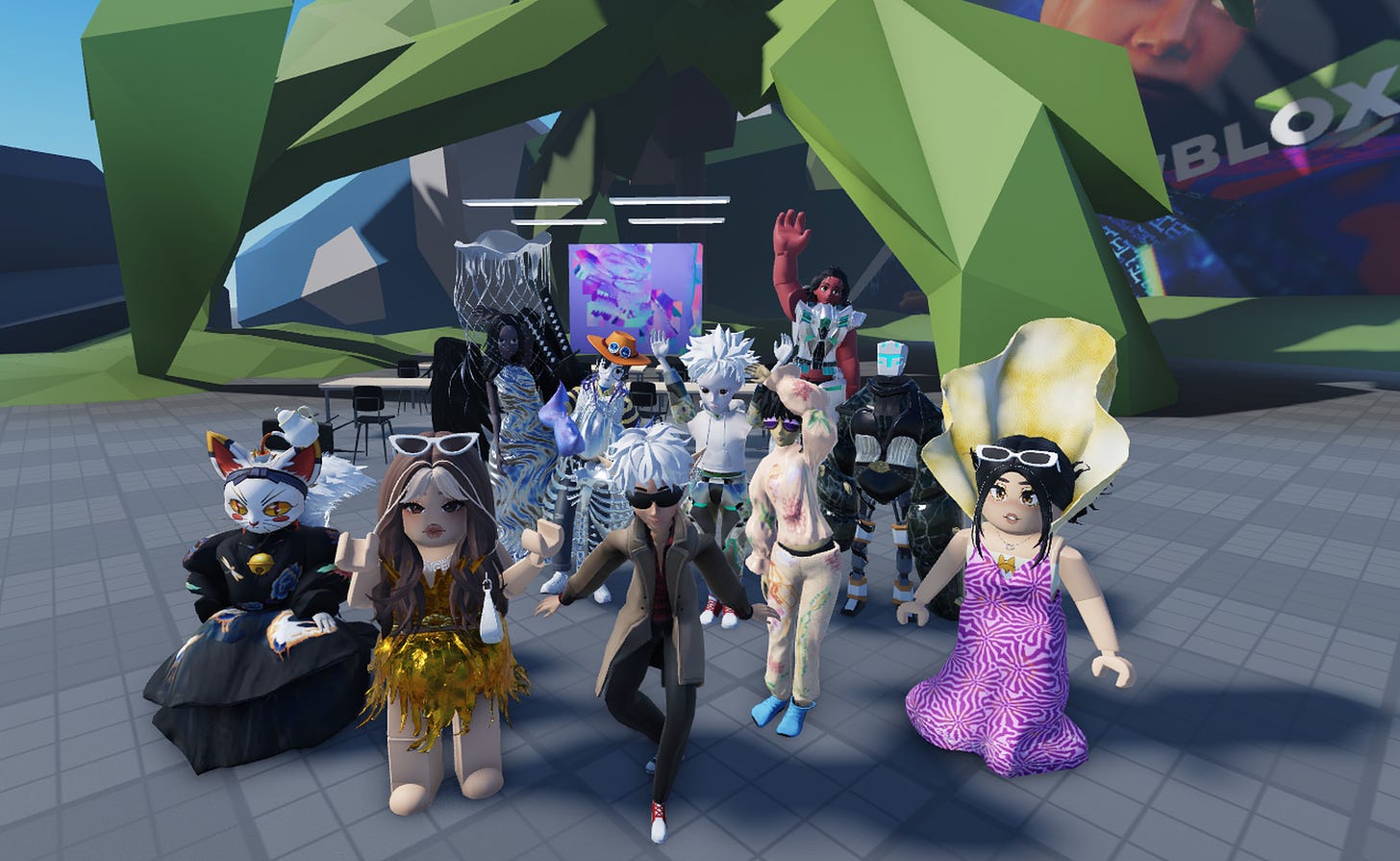 A huddle of digital avatars wearing dresses, two-piece sets, and futuristic outfits in Roblox.