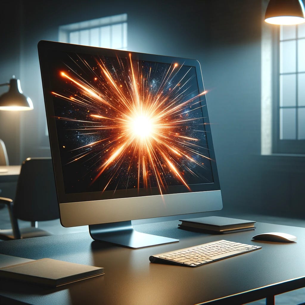 An image showcasing a computer screen with a dynamic graphic symbolizing the ignition of a spark, representing the moment an idea is sparked. The computer is placed on a neat, modern desk in an office setting. The screen vividly displays an animation of a spark being ignited, conveying a sense of innovation and the start of something new and exciting. The desk around the computer is clean and orderly, with essential office items that indicate a professional work environment. The lighting in the room is strategically focused on the computer screen, highlighting the powerful imagery of the spark's ignition and the creative process it represents.