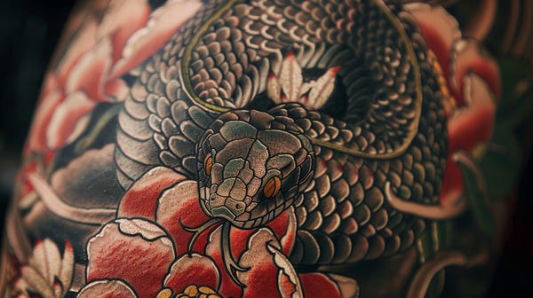 Intricate snake tattoo with floral motifs on skin.