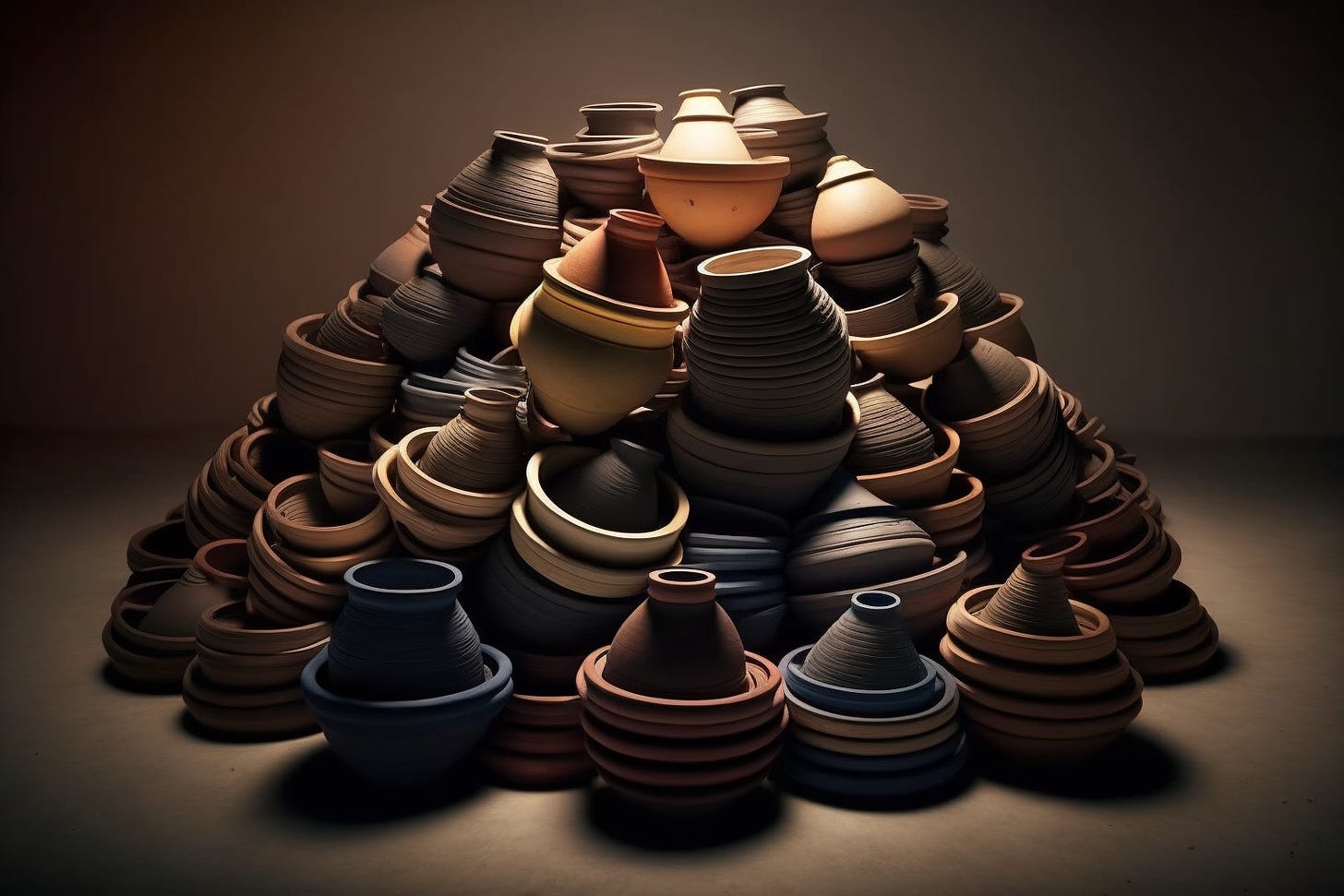 A pile of semi-misshapen ceramic pots, museum downlighting. AI generated image.