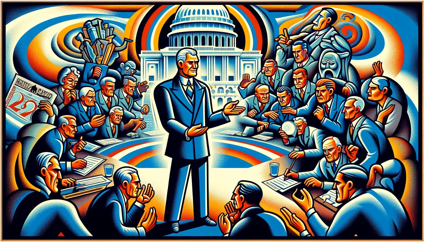 Abstract and stylized comic-style illustration from the 1930s with Art Deco influences and vibrant colors. The scene is a metaphorical representation of the U.S. political system. In the center, a president with a friendly and calm appearance, dressed in a suit and tie, stands in a mediating posture, extending his hands to the sides as if seeking consensus. Surrounding him are multiple abstract and stylized characters dressed as politicians and Congress representatives, some arguing heatedly, others working on documents and negotiating. In the background, the U.S. Capitol with Art Deco details. The colors are vibrant but less intense, emphasizing softer blues, reds, and golds, with an abstract and highly stylized graphic style reminiscent of 1930s posters and comics.