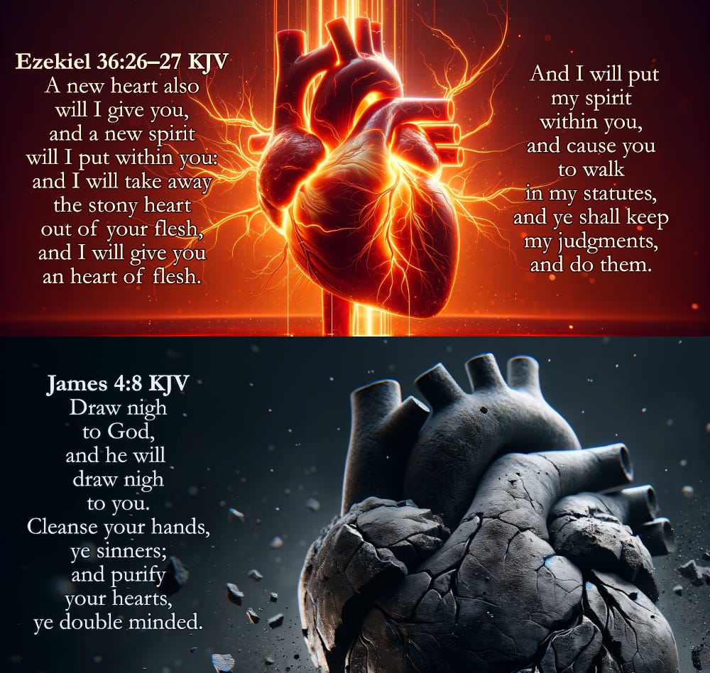 Ezekiel 36:26–27 KJV Valentine's Day Card - A new heart also will I give you, and a new spirit will I put within you: and I will take away the stony heart out of your flesh, and I will give you an heart of flesh. And I will put my spirit within you, and cause you to walk in my statutes, and ye shall keep my judgments, and do them. | James 4:8 KJV Valentine's Day Card - Draw nigh to God, and he will draw nigh to you. Cleanse your hands, ye sinners; and purify your hearts, ye double minded. 