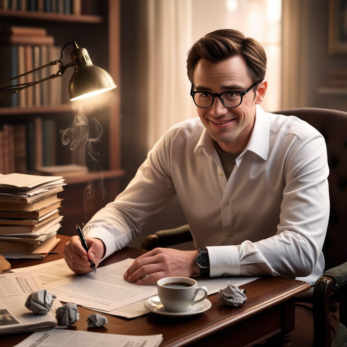 A bespectacled Ryan Bourne, a young man with a kind face, short brown hair, and a gentle smile, sits at a cluttered wooden desk in a cozy study, surrounded by stacks of books and papers, wearing a crisp white shirt with a soft collar and a pair of dark brown trousers, intensely focused on writing a letter to a newspaper with a black fountain pen on a blank piece of paper, his brow slightly furrowed in concentration, with a few crumpled up drafts scattered around him, a cup of steaming coffee and a opened newspaper lying nearby, the warm glow of a desk lamp casting a soft, inviting light on the scene, with a blurred background of bookshelves and a faint hint of a window with natural light pouring in. He has thick black rimmed glasses.