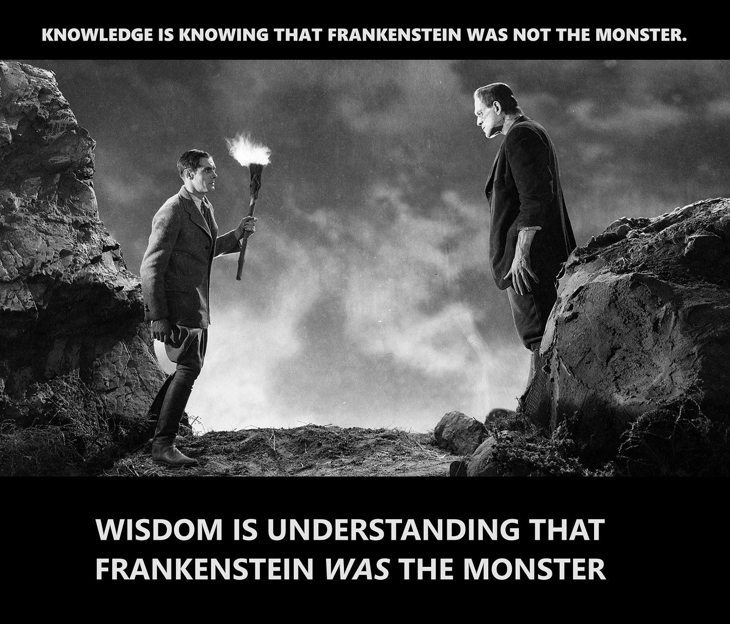 May be a black-and-white image of 2 people and text that says 'KNOWLEDGE IS KNOWING THAT FRANKENSTEIN WAS NOT THE MONSTER. WISDOM IS UNDERSTANDING THAT FRANKENSTEIN WAS THE MONSTER'