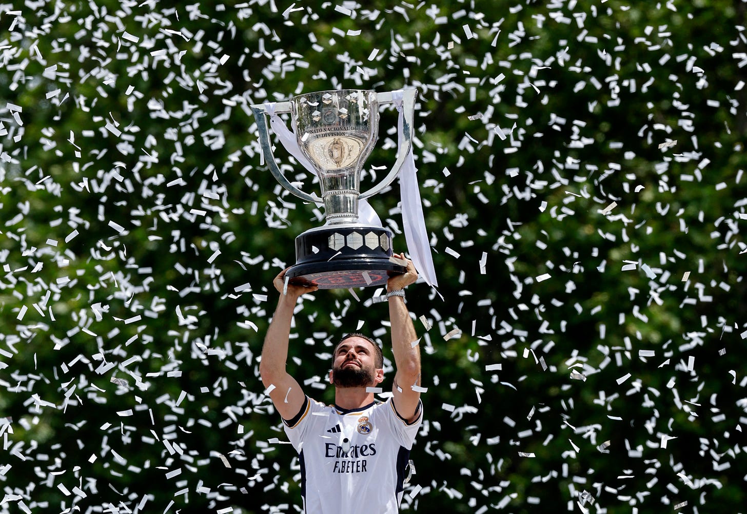 Real Madrid captain Nacho pictured lifting Spain's La Liga trophy in May 2024