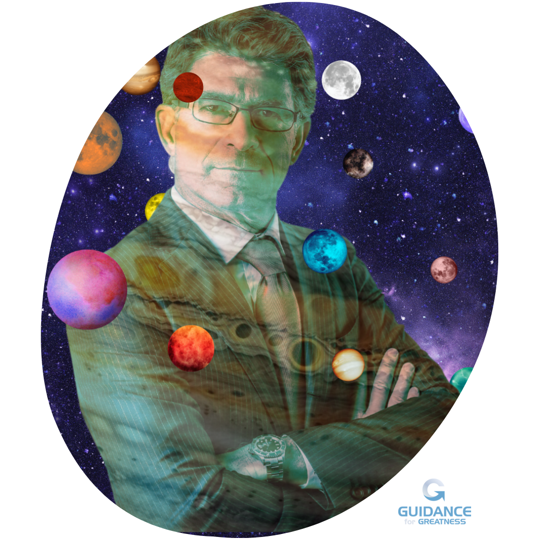 Middle aged white man in business suit with expensive watch. he is looking forward with a smug expression. small planets are orbiting him. the background is an image of outerspace. the man is tinted green and has striations like the planet Jupiter